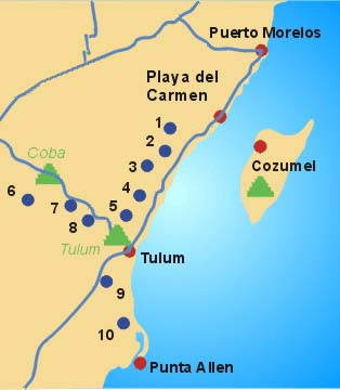 Mappa delle immersioni nei cenotes della Playa del Carmen